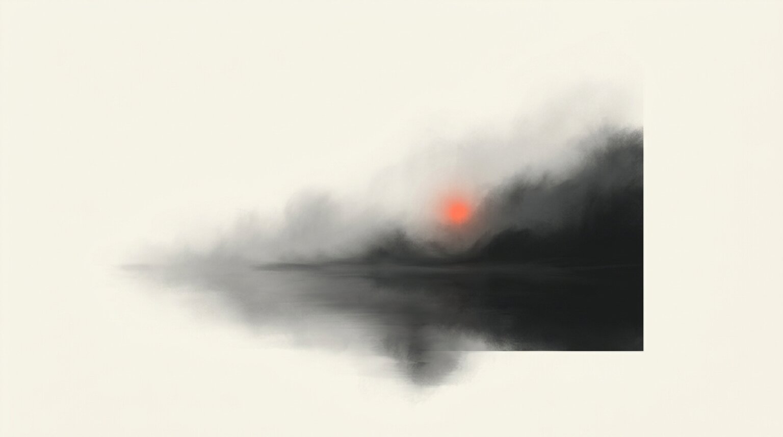 Morning mist over still water, a coral glow diffusing through the fog