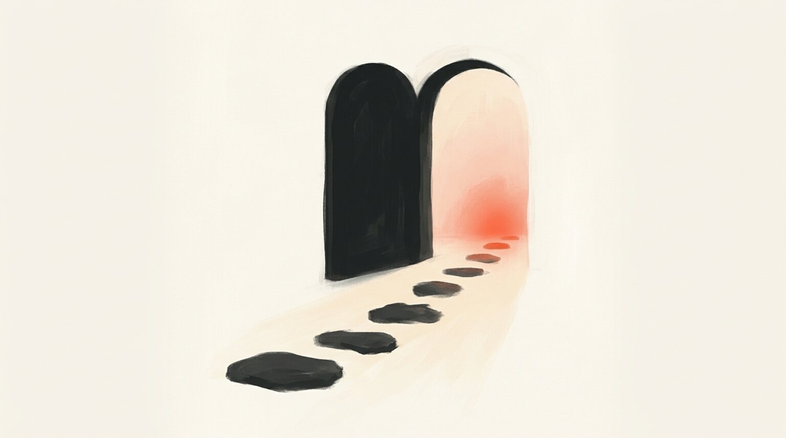 A dark archway opening onto warm light, stepping stones leading through